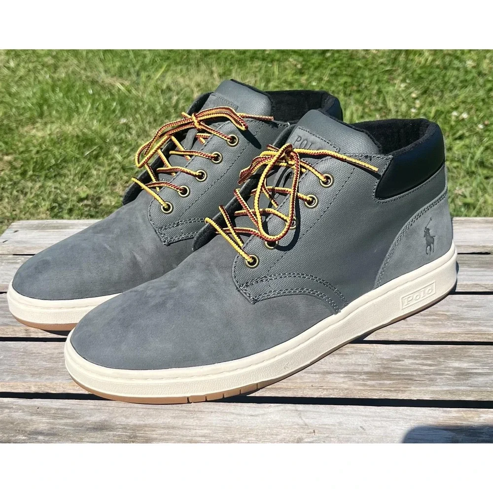 Polo Ralph Lauren Shoes Mens Size 9‎ Gray Sneaker Boot Leather Mid Top BO-LCB